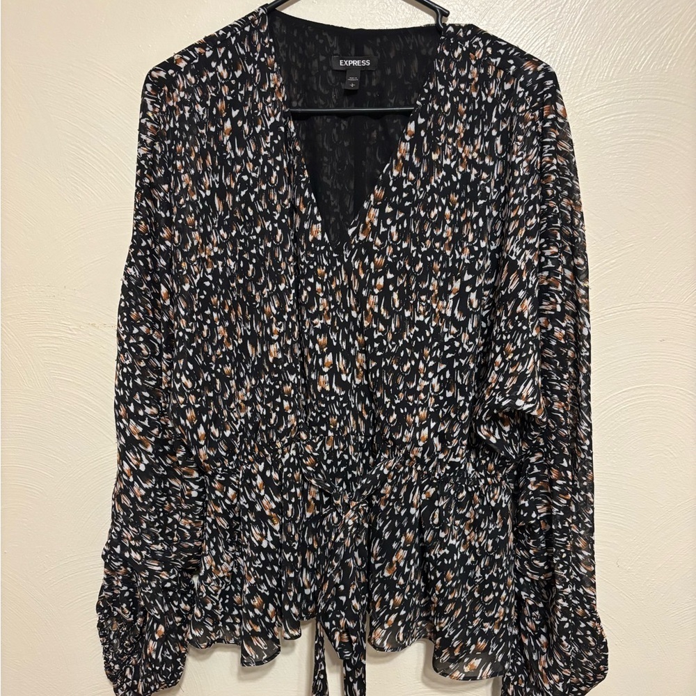 Express Large Black Wrap Blouse Metallic Animal Print Tie Waist